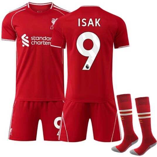 2025 2026 Liverpool Hjemmedrakt Barn og Voksne Fotballdrakt Sett Nr.9 Isak Fotballuniform Rød Drakt Shorts Sokker Størrelse 22 Hjemme FO Hjemme