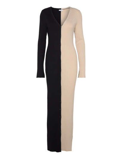 Bubbleroom Contrast Rib Knitted Dress Beige S