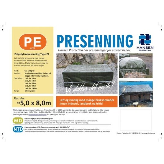 Keddel & Bommen Presenning lett pe 5x8m grønn 130g/m2