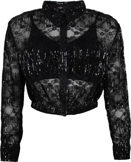 Maje Pleated Lace Cropped Shirt Black 38