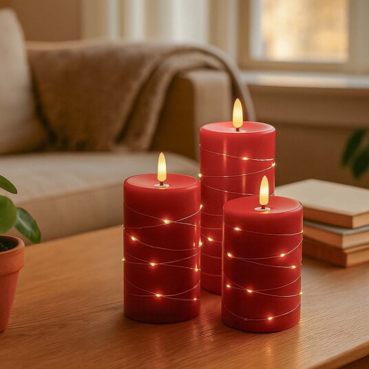 LED Blokklys 3 stk sett med lyskjede flammeeffekt   Ø7,5cm 10/12,5/15cm høy inkl. fjernkontroll timer ekte stearin Rød