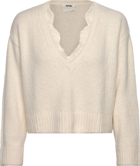 Monki Lace-Trimmed V-Neck Sweater - Cream - XXS Monki Lace-Trimmed V-Neck Sweater - Cream - XXS