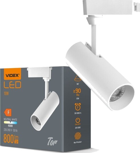10W hvit skinnespot   800lm 36 grader 4000K IP20 innendørs   Kulør : Nøytral