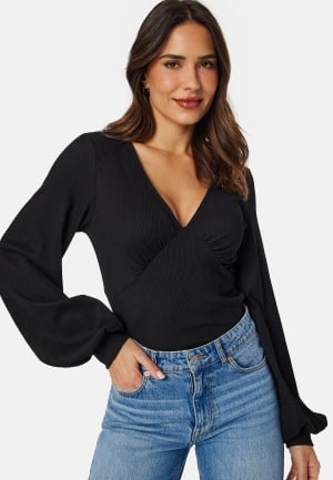BUBBLEROOM V-neck Puff Sleeve L/S Top Black L