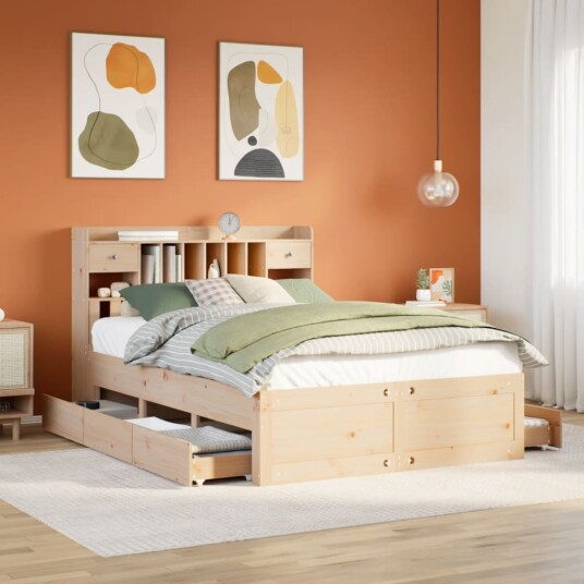 Seng med bokhylle uten madrass 140x190 cm heltre furu 8721158384119