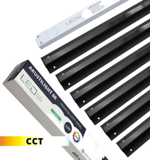 Sort Troldtekt CCT LED Skinnesett 6x60 cm Planforsenket Akustilight inkl. ledninger og driver Kulør : CCT Varm til Kald Hvit Sort Troldtekt CCT LED Skinnesett 6x60 cm Planforsenket Akustilight inkl. ledninger og driver Kulør : CCT Varm til Kald Hvit