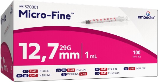 Embecta Micro-Fine+ Insulinsprøyte U-40 1ml 29G 0.33x12.7mm 100 stk Embecta Micro-Fine+ Insulinsprøyte U-40 1ml 29G 0.33x12.7mm 100 stk