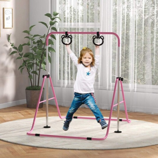 Gymnastikkstang for barn 5 trinns høydejusterbar horisontalstang horisontalt stangsystem med turnringer for innendørs bruk ka
