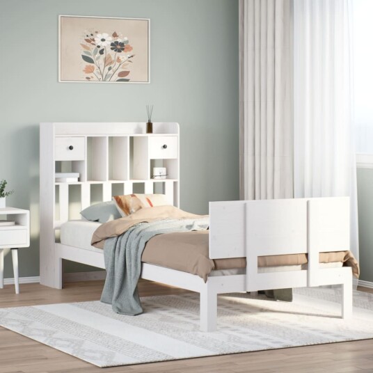 Seng med bokhylle uten madrass hvit 75x190 cm heltre furu 8721158614643
