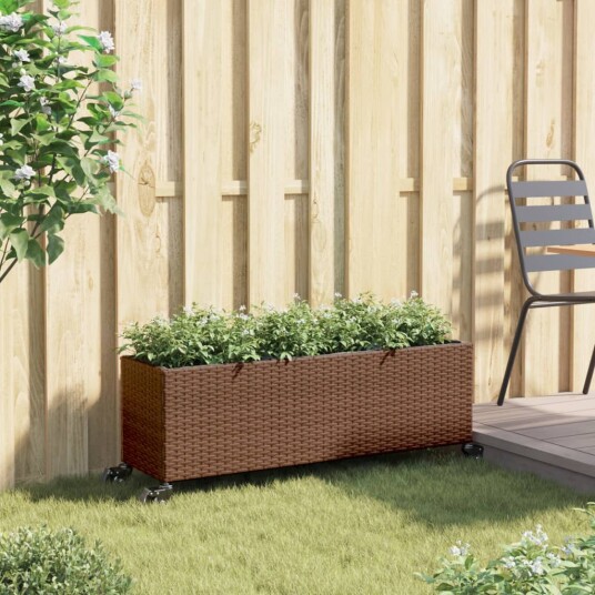 Plantekasse med hjul og 3 potter brun 107x32x38 cm polyrotting