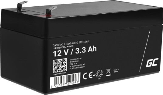Green Cell 12V 3,3Ah VRLA-batteri for alarmer, kasseapparater og leker