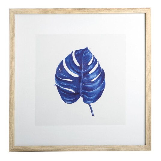 Bilde m/ramme i eik "look" blå monstera 53x53