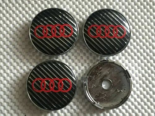 4x Audi Carbon Fiber Alloy Wheel Hub Centre Cap Set Center Caps Black/Red 60mm