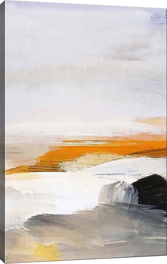 Lerretsbilde 70x100 cm Abstrakt landskap med elementer av hav og steiner Oransje / Grå / Hvit