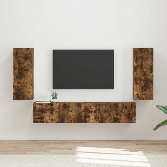 TV vegghyllesett Veggmontert 4 pcs Røkt eik Konstruert tre TV vegghyllesett Veggmontert 4 pcs Røkt eik Konstruert tre
