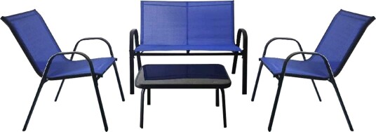 4 delt terrassesett – metallramme blått stoff glassbord