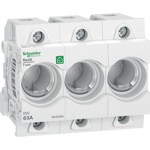 Schneider Electric Resi9 neozed d02 3p 63a fuse holder without screw head fits din rail. d02 black screw heads are supplied in pack of 10 r9j02063 (3606489756499)