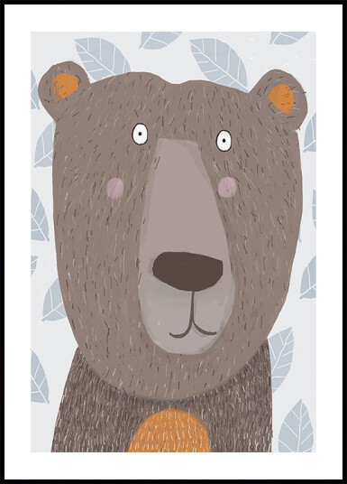 Cute Brown Bear with Grey Leaf Pattern by Artist Carla Plakat Plakat / 21x30cm
