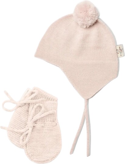 Copenhagen Colors Merino Knitted Baby Bonnet W. Pompom + Baby Mittens   SOFT PINK   4 9M