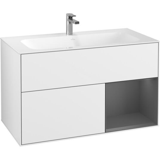 VILLEROY & BOCH FINION SERVANTSKAP 100 HVIT HØYGLANS LAKK M/LYS, HØYRESTILT ANTRASITTGRÅ HYLLE VILLEROY & BOCH FINION SERVANTSKAP 100 HVIT HØYGLANS LAKK M/LYS, HØYRESTILT ANTRASITTGRÅ HYLLE