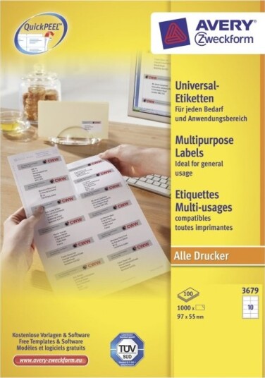 Avery Zweckform Quickpeel   Hvit   97 X 55 Mm 1000 EtikettEr 100 Ark X 10 Flerbruks Merkelapper