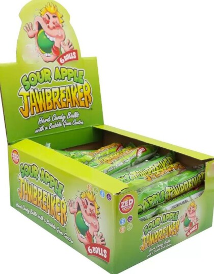 24 stk 6 pk Zed Jawbreaker med Surt Eple Smak og Kjerne av Tyggegummi   Hel Eske 1188 gram