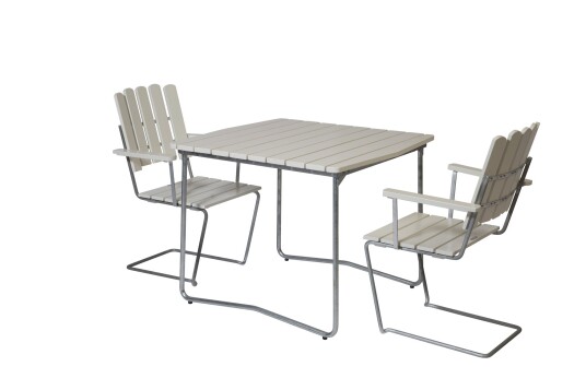 Grythyttan Stålmöbler B31 spisegruppe Hvitlakkert ek/galvanisert stål 2  lenestoler & bord 84 x 92 cm