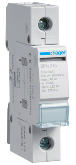 Hager SPN115 Overspenningsvern begrenser restspenning til =1,5 kV Uten fjernkontakt 230 V Stikkontakter & kabler