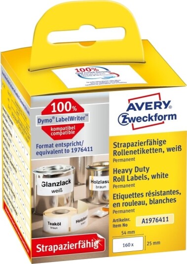 Avery A1976411 Hvit Avrundet Rektangel Permanent Svart På Hvitt Rull Folie