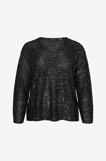 Vero Moda Curve - Paljettgenser vmCleilani New LS V-neck Pullover - Svart