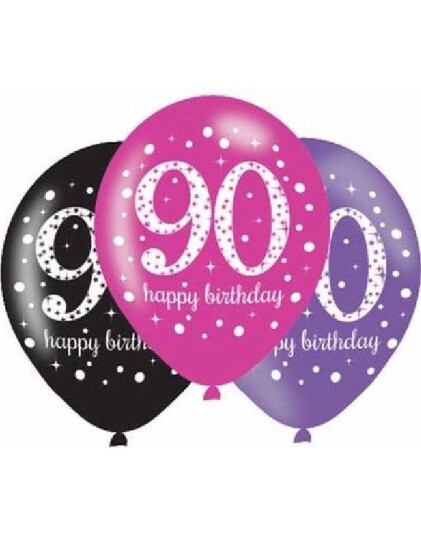 90 Års Dagen 6 stk Svart Rosa og Lilla Ballonger 27,5 cm