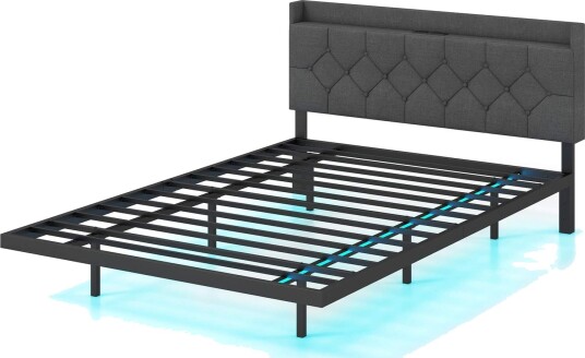 Flytende plattformseng med LED lys justerbar sengegavl ladestasjon