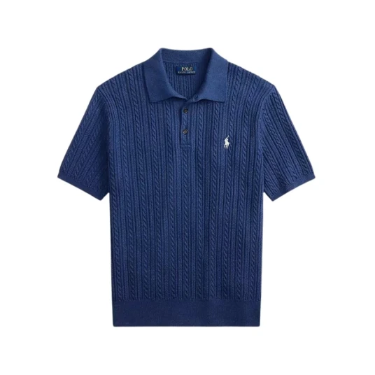 Polo Ralph Lauren Cable Knit Cotton Polo Collar Sweater   Navy   S