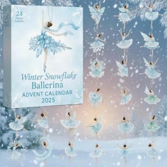Vinter Snøfnugg Ballerina Adventskalender 2026 24 dagers Nedtelling til Jul med 2D Flate Ballerina Hengende Ornamenter