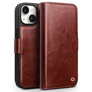 iPhone 15 Plus Qialino Classic Lommebok-deksel I Lær Mørkebrun