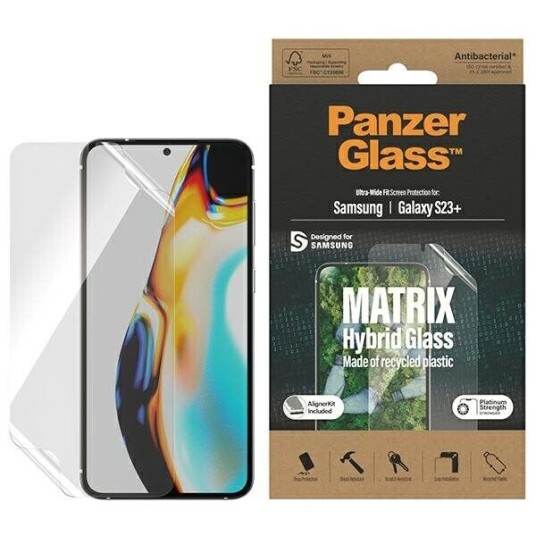 PanzerGlass Samsung Galaxy S23+ (Plus) PanzerGlass Matrix Hybrid Glass AntiBacterial Ultra Wide Fit Skjermbeskyttelse - AlignerKit - Platinum Strength - Transparent