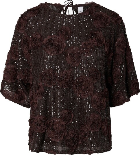 YAS Yaselysia 2/4 Sequin Top - Show - Brun med Blomsterapplikasjoner