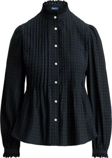 Polo Ralph Lauren Pintucked Plaid Cotton Shirt Navy 36