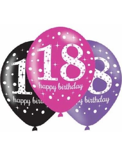 Amscan 18 Årsdagen 6 stk Svarte Rosa og Lilla Ballonger 27,5 cm 9900874