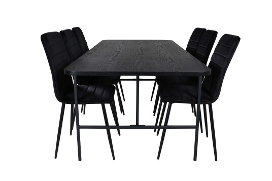 Venture Design Uno & Windu spisegruppe Svart/svart 6 stoler & bord 200 x 90 cm