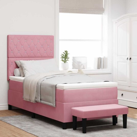 Box Spring Seng med Madrass og Benk Rosa 90x200 cm Fløyel