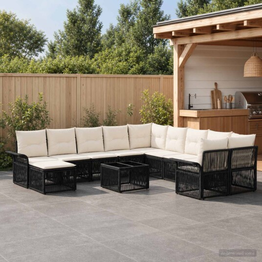 vidaXL Hagesofa Set 12 pcs Svart og Kremhvit polyrotting