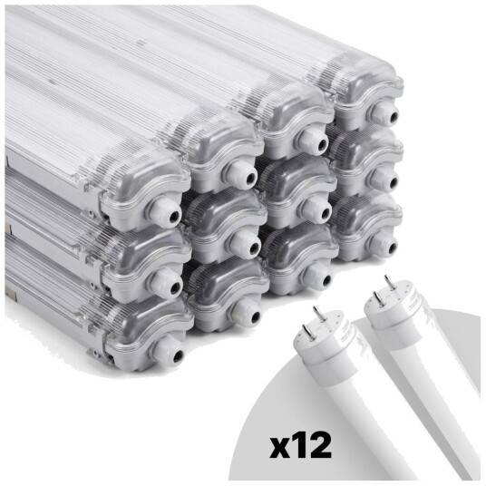 12 stk. Limea T8 LED dobbeltarmatur Inkl. 24x18,5W 120cm LED rør IP65 vanntett Dimbar : Ikke dimbar Kulør : Varm 12 stk. Limea T8 LED dobbeltarmatur Inkl. 24x18,5W 120cm LED rør IP65 vanntett Dimbar : Ikke dimbar Kulør : Varm