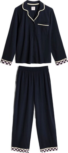 Chelsea Peers Organic Cotton Checkerboard Embroidered Back Good Night Long Pyjama Set   NAVY   46