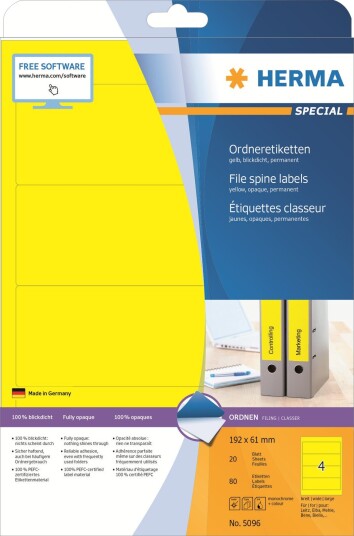 Herma Special Papir Matt Permanent Selv Adhesiv Gul 192 X 61 Mm 80 EtikettEr 20 Ark X 4 Opake Arkivmappeetiketter