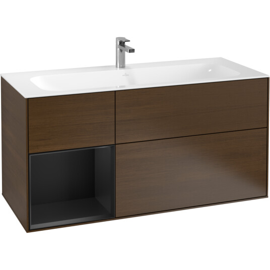 VILLEROY & BOCH FINION SERVANTSKAP 120 VALNØTT FINÉR EMOTION-LYS, VENSTRESTILT SVART MATT HYLLE VILLEROY & BOCH FINION SERVANTSKAP 120 VALNØTT FINÉR EMOTION-LYS, VENSTRESTILT SVART MATT HYLLE