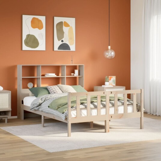 Seng med bokhylle uten madrass 140x190 cm heltre furu 8721158604835