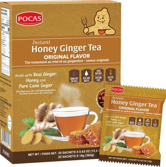 20-Pack Pocas Instant Honey Ginger Tea Original - Ingefærte med Honning 360 gram (USA)