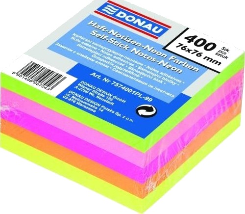 Donau Selvklebende Lapper 76X76 Mm Neon 400 Kort. 14K040x