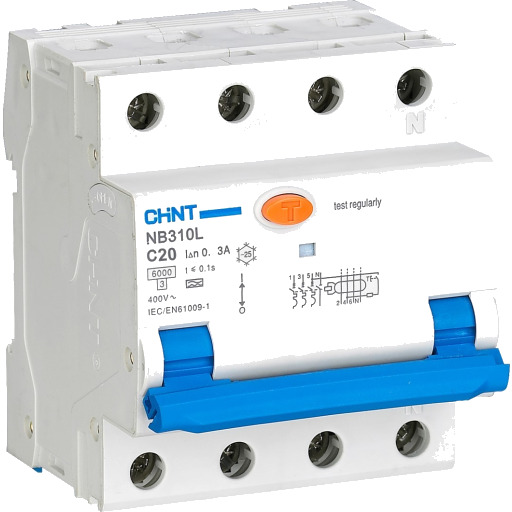 Chint Kombinasjonsbryter RCBO Chint, 3P+N, C karakteristikk, 20A, 300mA, 6kA